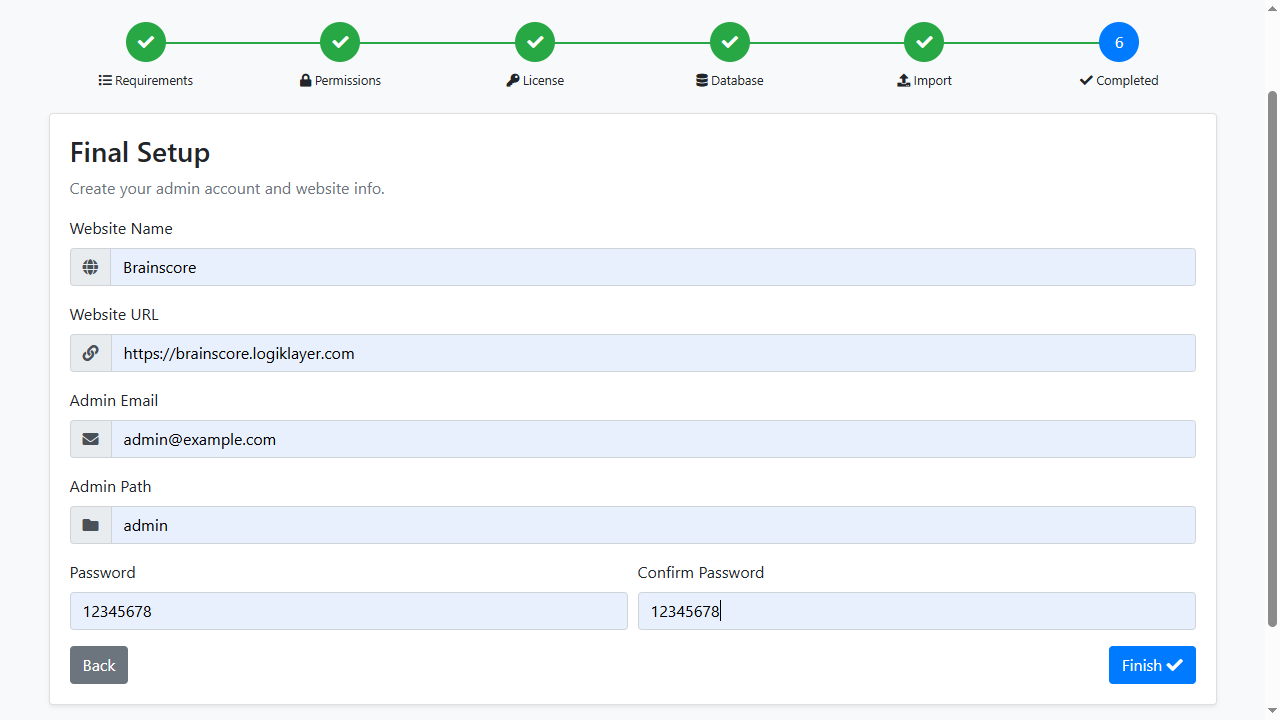 Create your admin account and website info.