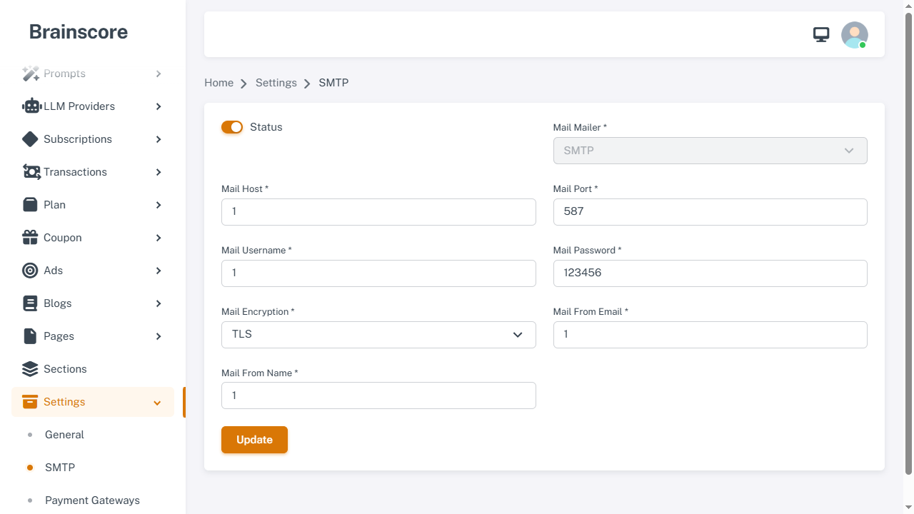 Settings SMTP